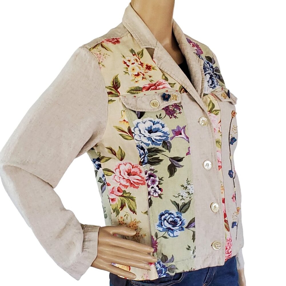 Vintage White Stag Blouse Shirt Women's M Linen Floral Cottage Country Core